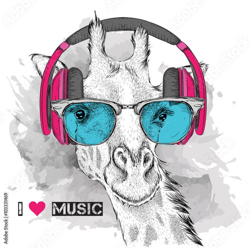 The image of the giraffe in the glasses and headphones. Vector illustration.