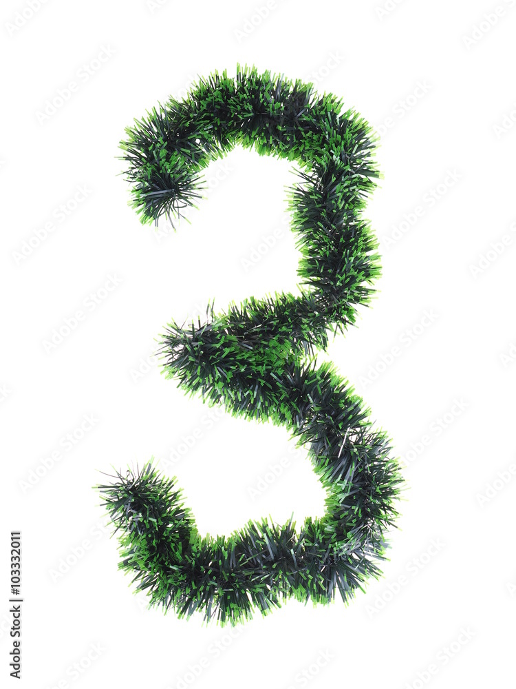 numeral from green Christmas tree decorations on a white background numeral from green Christmas tree decorations on a white background