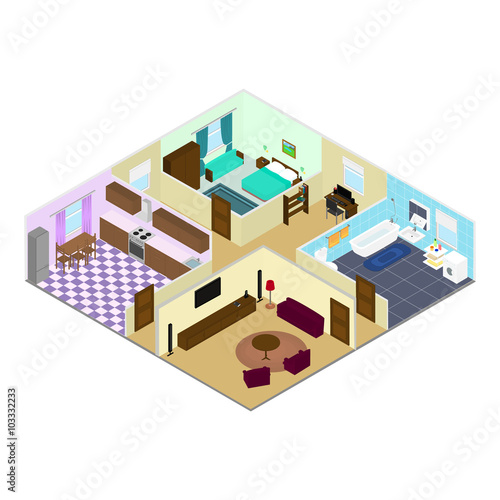 Fototapeta Naklejka Na Ścianę i Meble -  Infographics. The interior of the rooms inside the house in the isometric. Bathroom, kitchen, living room, bedroom. a Desk with a computer.