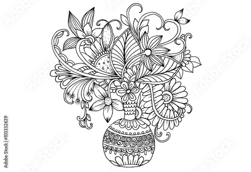 Vector floral illustration in black and white for coloring. Bouquet of flowers in a vase