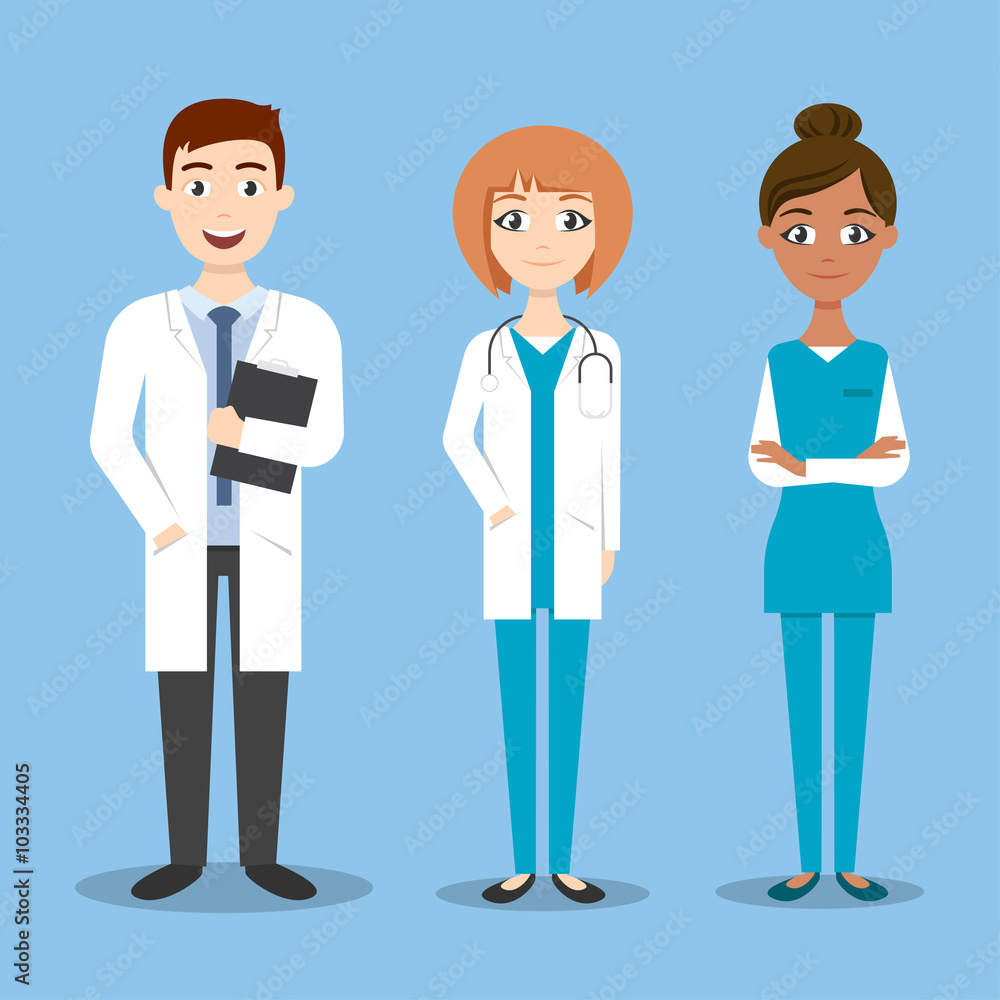 Three vector characters: doctor and nurse, medical colleagues. Three vector characters: doctor and nurse, medical colleagues.