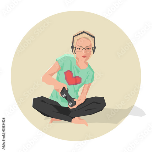 Vector illustration of a cute blond geek girl playing video game