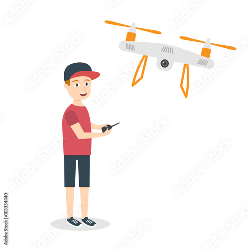 Vector illustration of young happy man with quadrocopter or dron