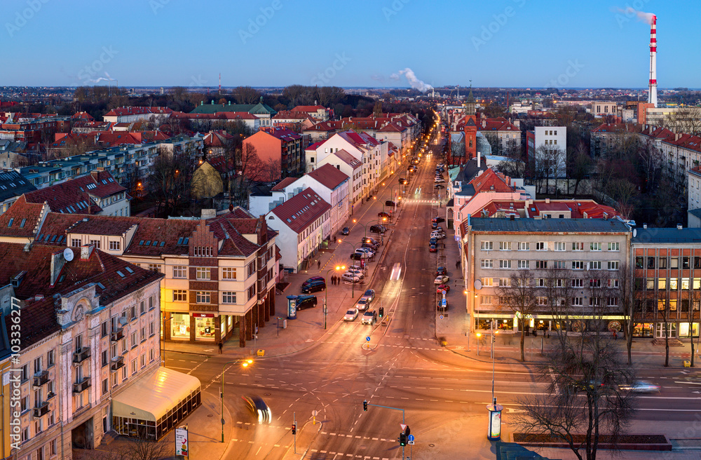 Aerial view of the Old town district. Klaipeda city in the evening time. Klaipeda, Lithuania.