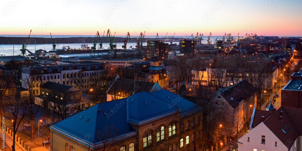 Aerial view of the Old town and port district. Klaipeda city in the evening time. Klaipeda, Lithuania.