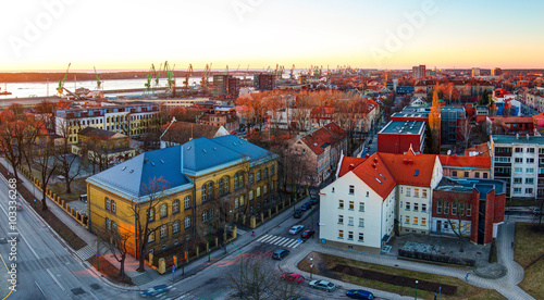 Aerial view of the Old town and port district. Klaipeda city in the evening time. Klaipeda, Lithuania.