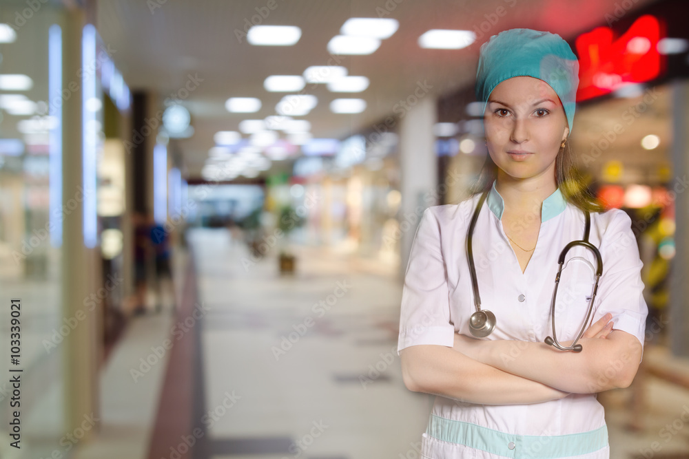 doctor with stethoscope on the corridor on the background doctor with stethoscope on the corridor on the background