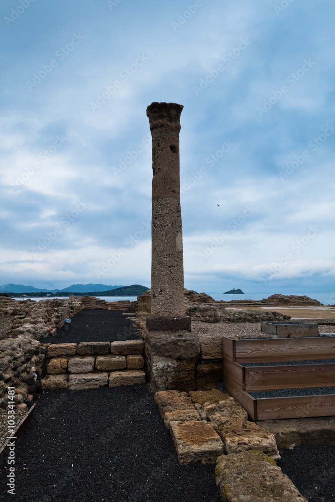 Ruins of old roman city of Nora, island of Sardinia, Italy