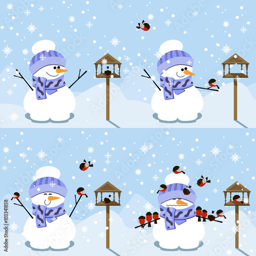 Happy Snowman and funny story with bullfinches. Happy new year vector flat design illustration