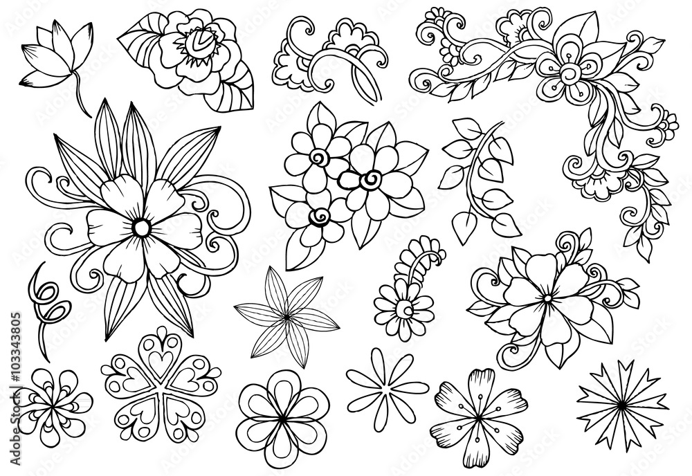 Set of doodle floral design elements in black and white