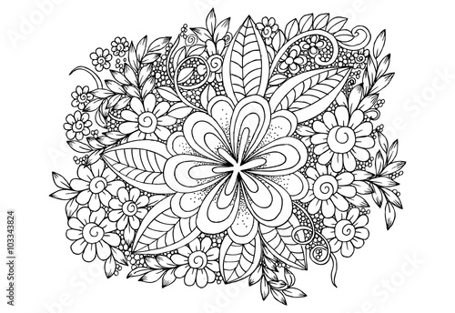 Black and white floral doodle for adult coloring book