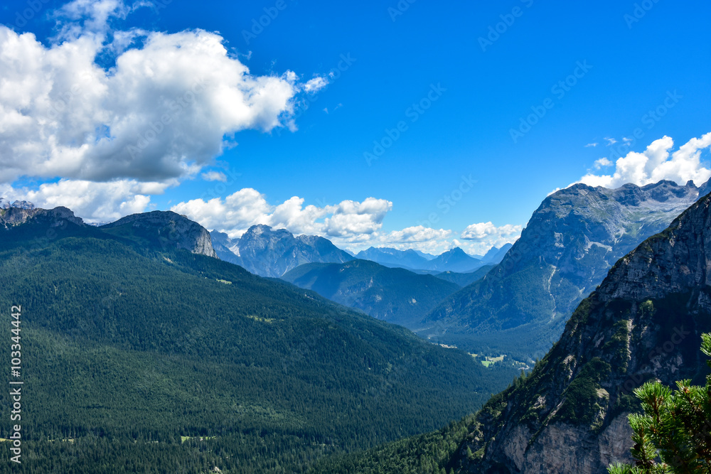 górska dolina z alpejskimi szczytami w tle