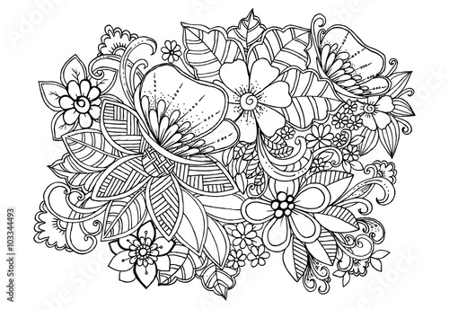 Black and white floral doodle for adult coloring book