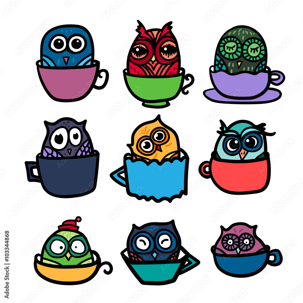 Owls hand drawn set Owls hand drawn set