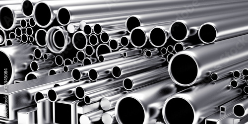 Round, square metal pipes and tubes of different diameters and shapes as background