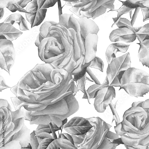 Monochrome seamless pattern with realistic watercolor roses.