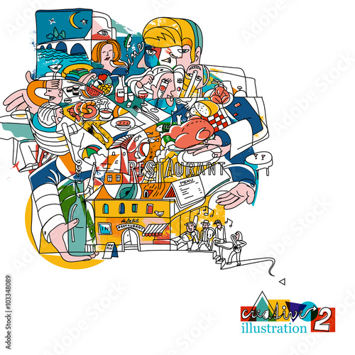Doodle drawing of restaurant atmosphere. Creative funky food illustration.