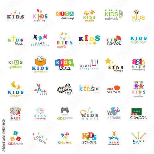 Children Icons Set-Vector Illustration,Graphic Design.For Web,Websites,App,Print,Presentation Templates,Mobile Applications,Promotional Materials.Kids Note,Balloon,Handprints,Book,Vision,Bulb,Collage 
