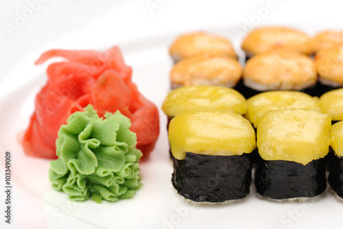 Wallpaper Mural Baked cheese rolls set with wasabi and ginger on white plate Torontodigital.ca