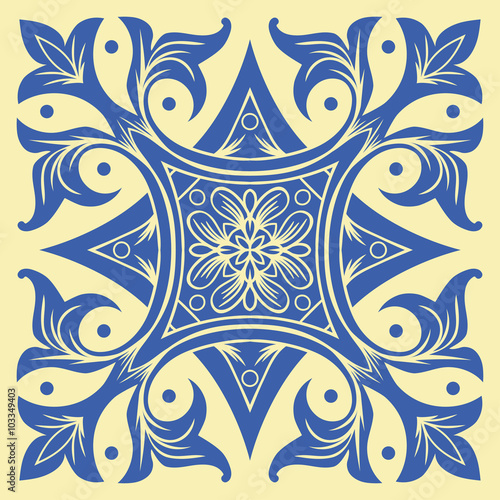 Hand drawing tile pattern in  blue and yellow colors. Italian majolica style.