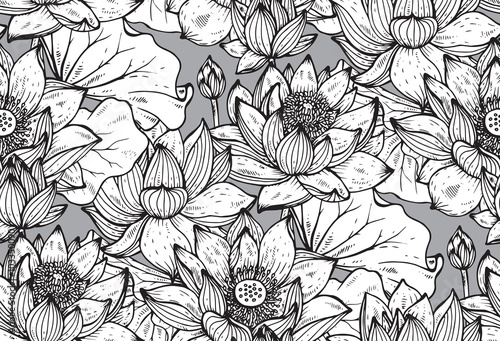 Floral seamless pattern with hand drawn lotus flowers and leaves