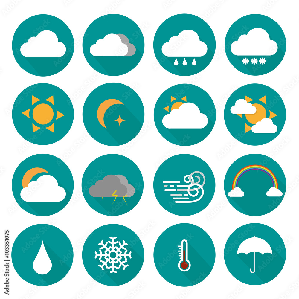 flat weather icons set. different types of weather. for web and app design. sun, clouds, wind