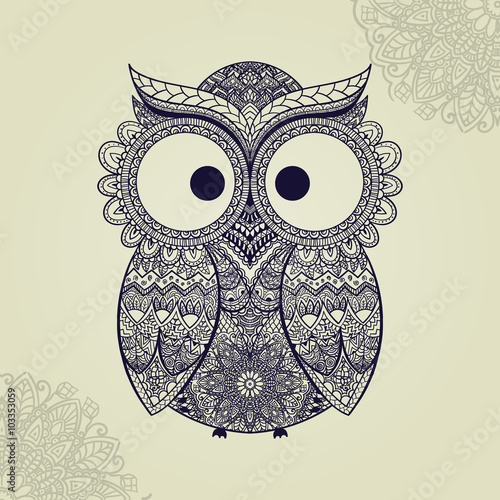 Patterned owl on the ornamental mandala background. African/indian/totem/tattoo design. It may be used for design of a t-shirt, bag, postcard, a poster and so on.