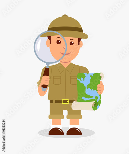 Scout holding a magnifier and a map on a white background. Concept design isolated character explorer boy