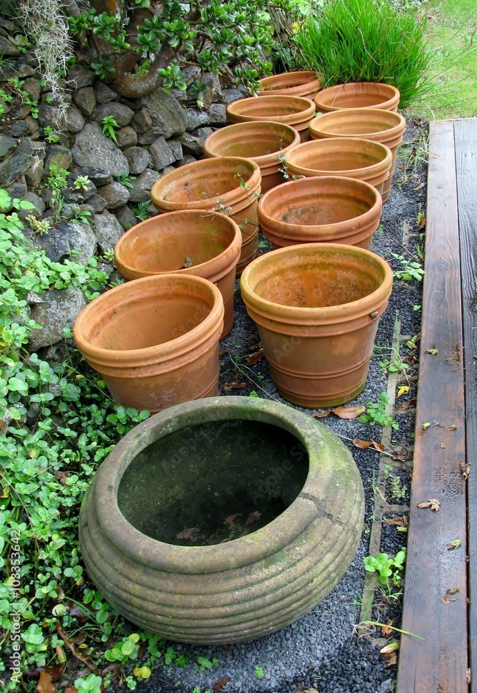Old empty flower pots in a garden