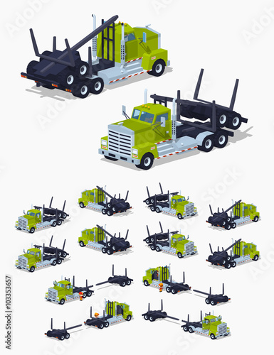 Folded log truck. 3D lowpoly isometric vector illustration. The set of objects isolated against the white background and shown from different sides
