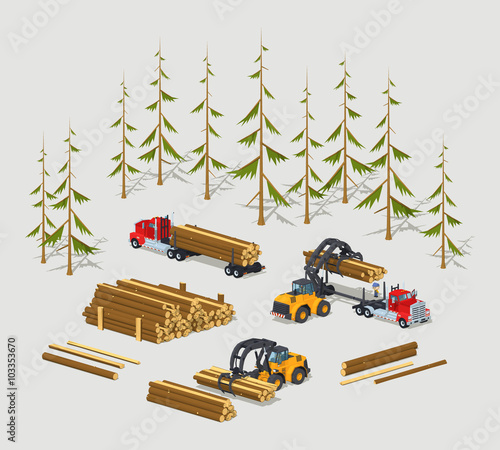 Lumber stock. Logs loading on trucks. 3D lowpoly isometric vector concept illustration suitable for advertising and promotion