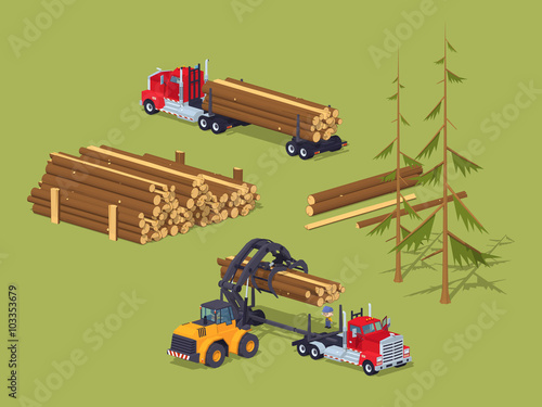 Lumber stock. Logs loading on trucks. 3D lowpoly isometric vector concept illustration suitable for advertising and promotion