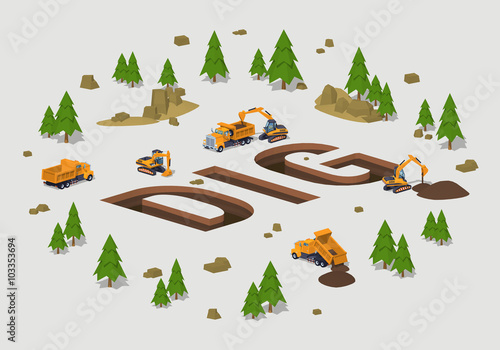 The trenches in the form of the word Dig. 3D lowpoly isometric vector concept illustration suitable for advertising and promotion