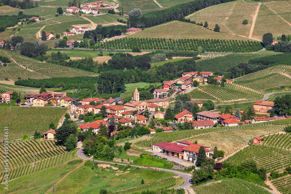 Small town and green hills in Italt.