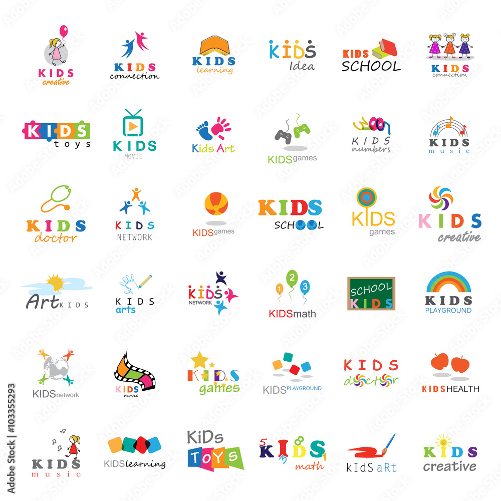 Children Icons Set-Vector Illustration,Graphic Design.For Web,Websites,App,Print,Presentation Templates,Mobile Applications,Promotional Materials.Kids Note,Balloon,Handprints,Book,Logo Bulb,Collage