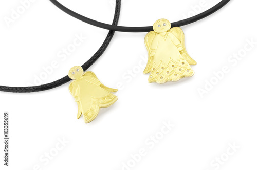 Necklaces on white background.