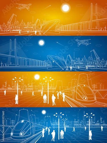Seaport, railway station, people waiting for the train, industrial and transport illustration set, energy plant, big bridge, night city, people walk on the square, vector design art