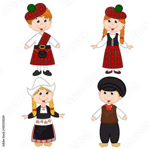 set of isolated children of Scotland and Netherlands nationalities - vector illustration, eps