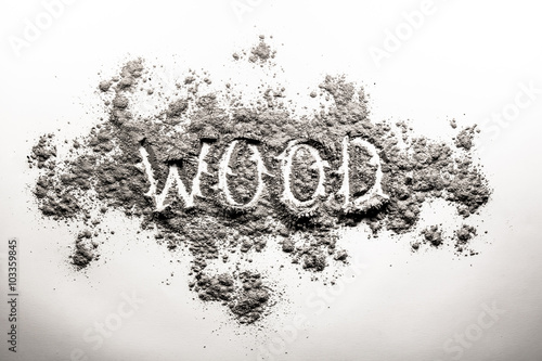 Word wood written in burnt grey ash