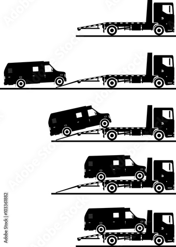 Set of silhouettes auto transporter and van isolated on white background in different positions. Vector illustration.