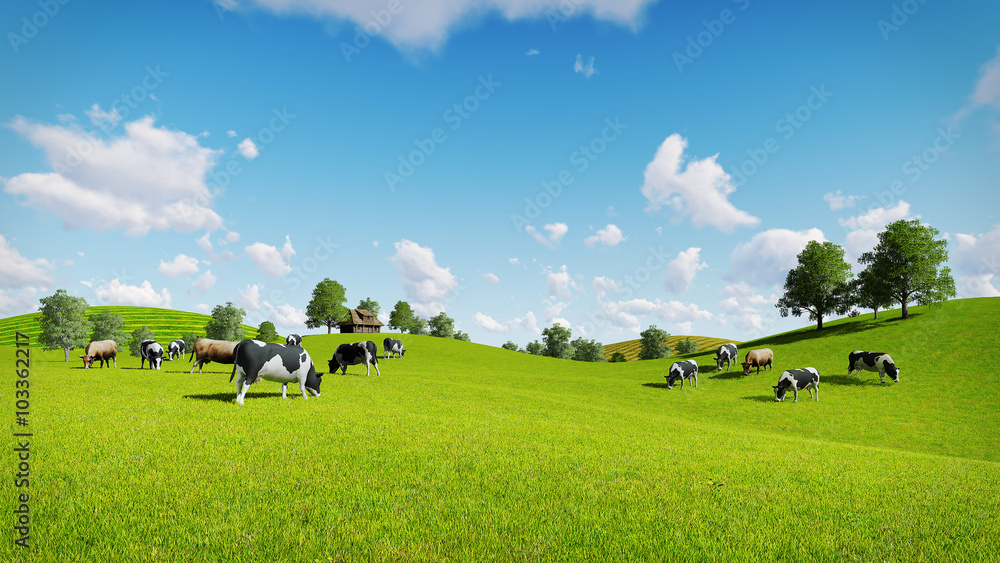 Springtime rural scenery with a herd of cows grazing on the green meadows. Realistic 3D illustration. - obrazy, fototapety, plakaty 