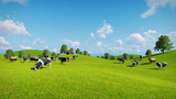 Herd of cows graze on the open green meadows at spring day. Realistic 3D illustration.