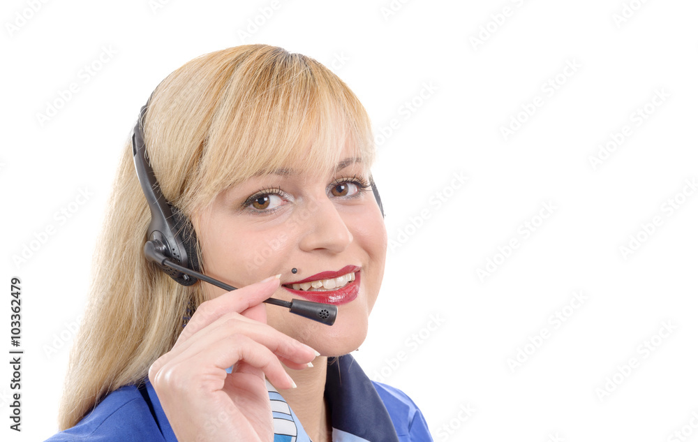 Portrait of happy smiling cheerful support phone operator 