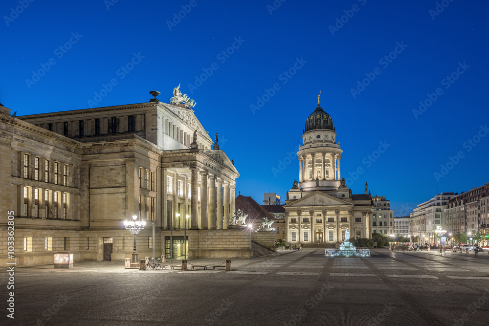 French Cathedral (Franzoesischer Dom) and Konzerthaus located on the Gendarmenmarkt in Berlin at evening, Germany, Europe
