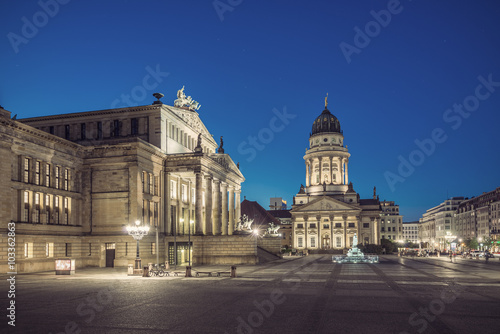 French Cathedral (Franzoesischer Dom) and Konzerthaus located on the Gendarmenmarkt in Berlin at evening, Germany, Europe, Vintage filtered style