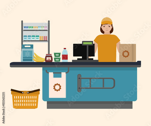 Supermarket store counter desk equipment and clerk in uniform ringing up grocery purchases. Flat style vector illustration 
