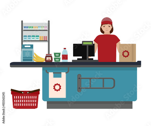 Supermarket store counter desk equipment and clerk in uniform ringing up grocery purchases. Flat style vector illustration isolated on white background
