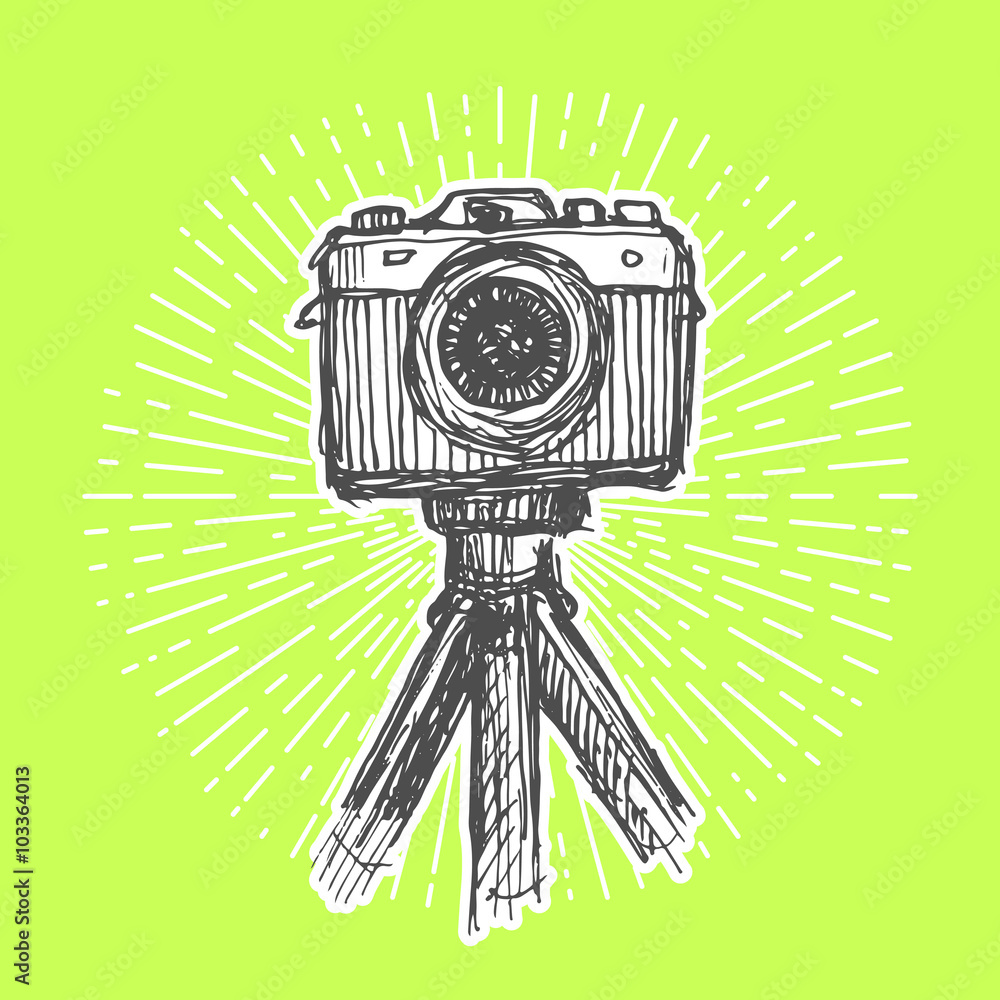 Single-lens reflex camera with tripod. Vintage style, hand drawn pen and  ink. Vector clip art for flyer, business card of electronics shop or  professional camera store. Retro design element Stock Vector