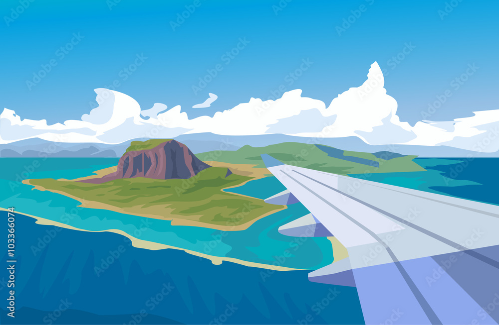 View from the window of airplane. Vector flat illustration