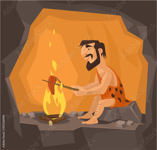 Caveman is cooking in cave. Vector flat illustration